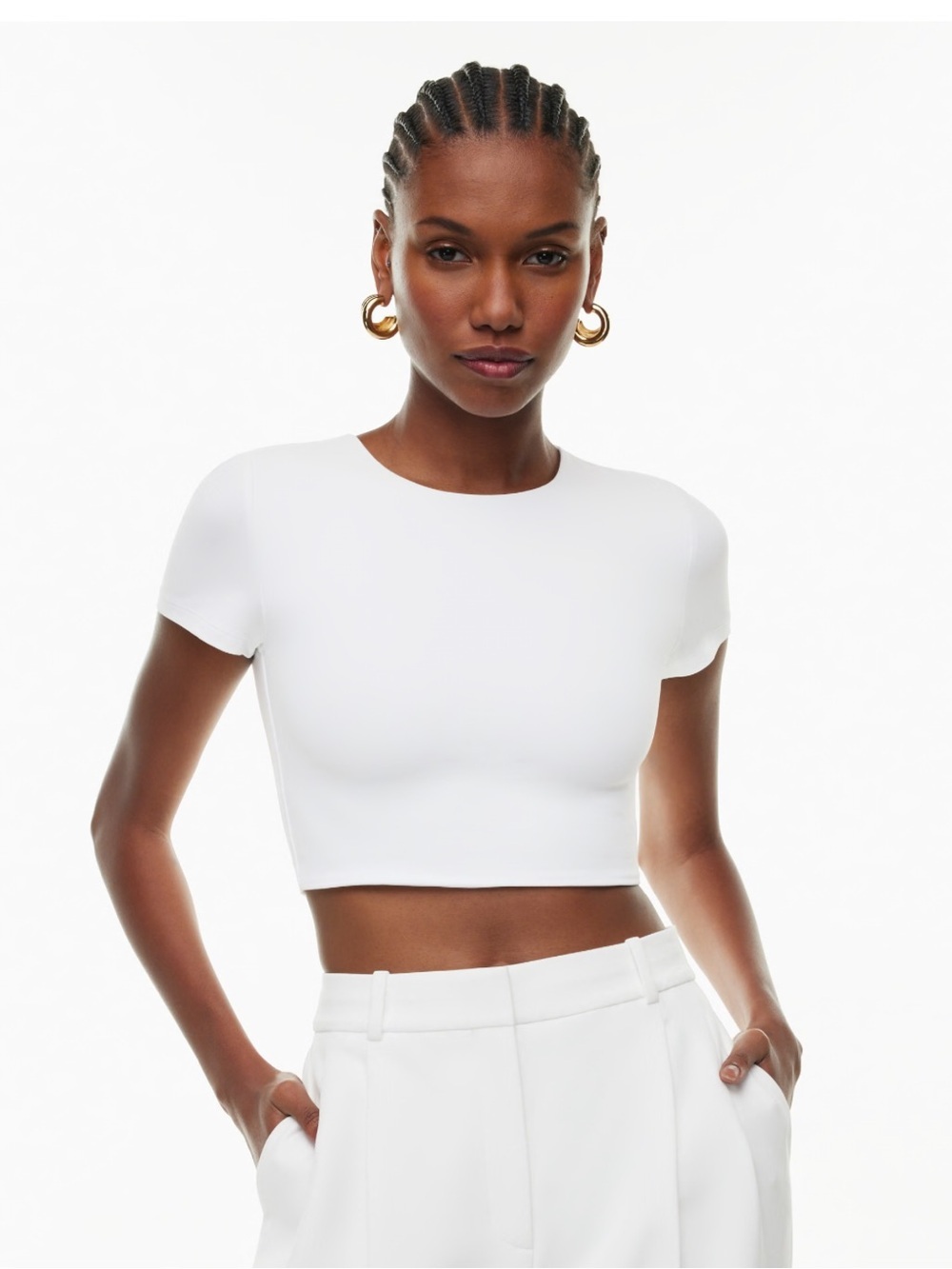 Aritzia Babaton Contour White Crew Neck Crop Top | Size Small